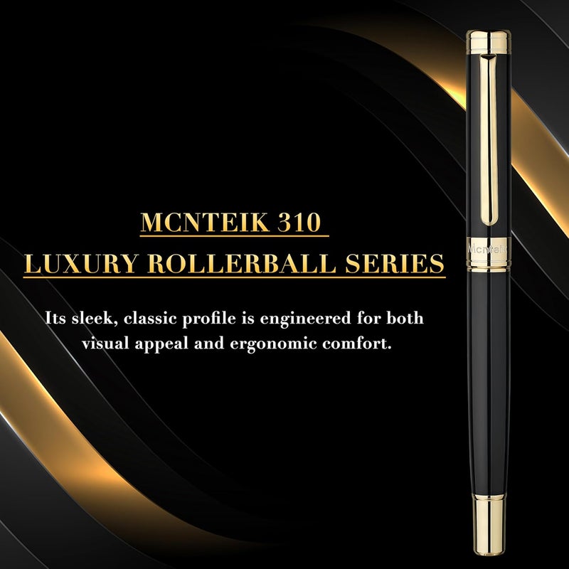 MCNTEIK Black Lacquer Rollerball Pen - Stunning Luxury Pen, 24K Gold Plating, Schmidt Refill, Precision Flow Ink, Best Roller Ball Gift Set for Men & Women, Professional, Executive Fancy, Nice Pens - Image 3